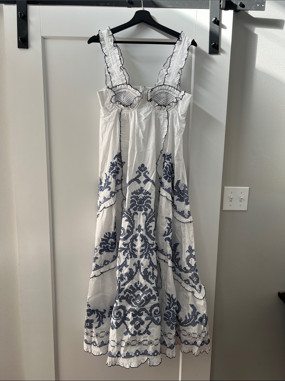 Alemais White Cotton Nightdress with Navy Embroidery